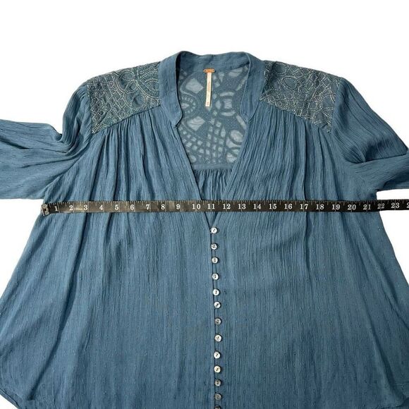 Free People XSmall Blue V-Neck *Long Sleeves Canyon Rose Peasant Blouse - Picture 8 of 13